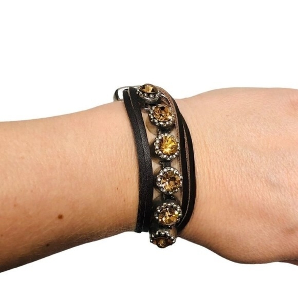 Yellow Crystal Leather Bracelet Paris Fashion Jewelry Charm Style NWOT